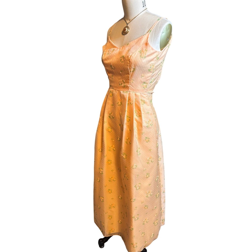 Maxi Dress Women Small Peach Floral Swiss Dot Pleated Spaghetti Strap Vintage - Picture 3 of 5